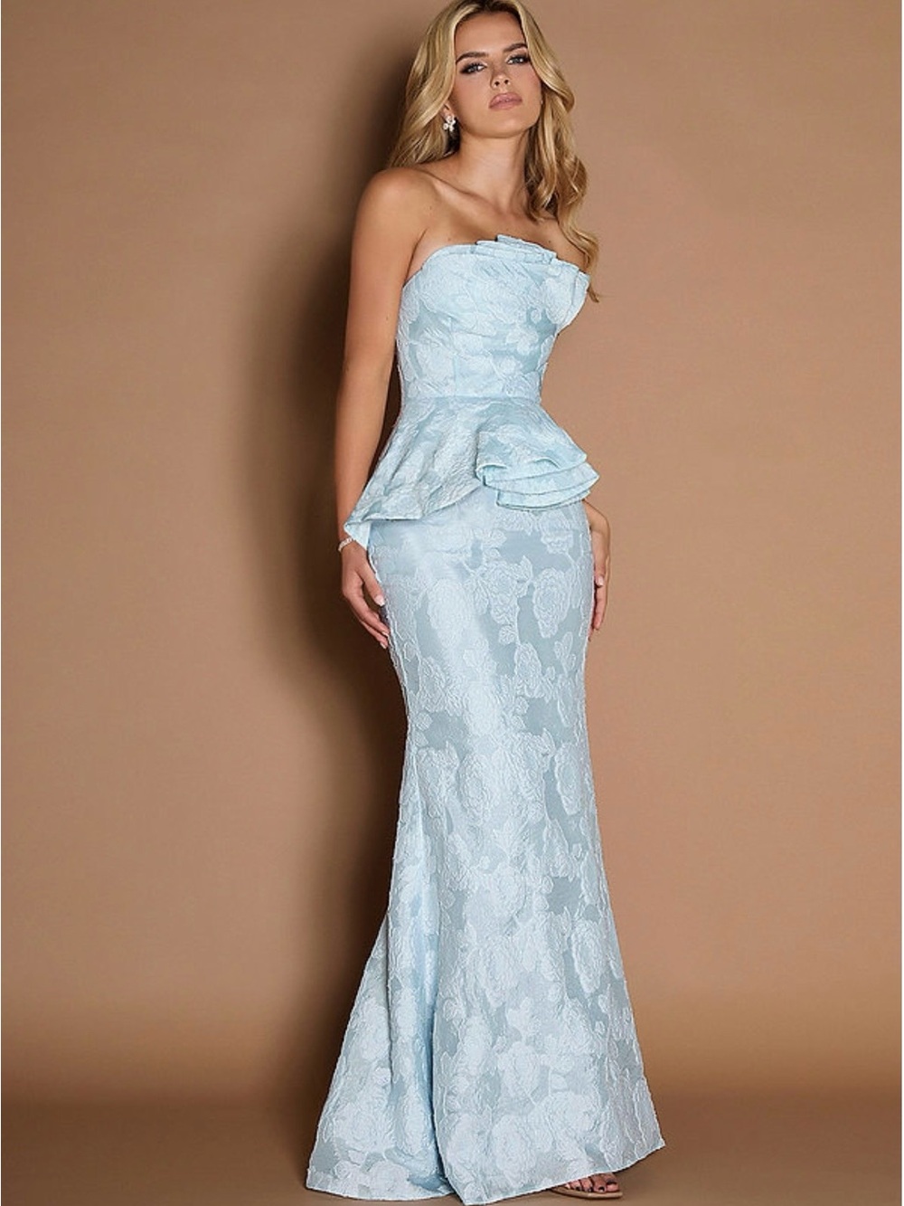 Azazie Strapless Light Blue Lace Peplum Gown